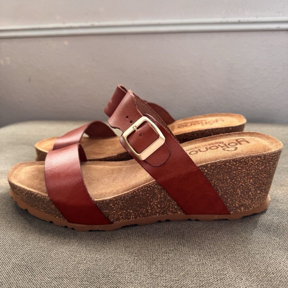 Yokono Sandals Women's 9.5 Cognac Brown Leather Big Buckle Strappy Wedge Spain - Picture 2 of 7
